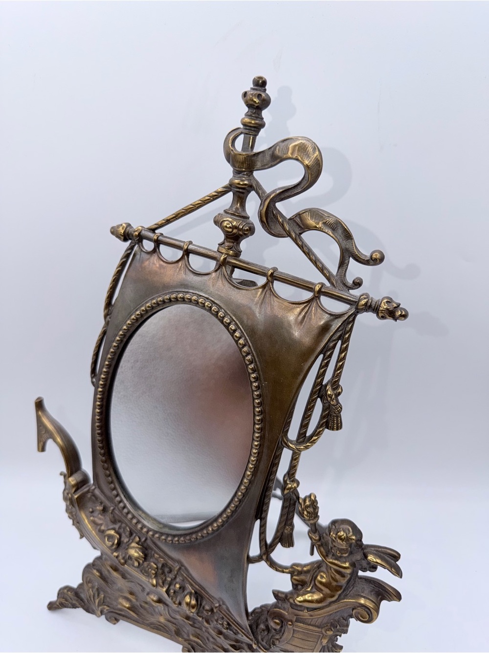 Ornate Brass Cherub Vanity Mirror - Bronze Finish - Picture 3 of 9